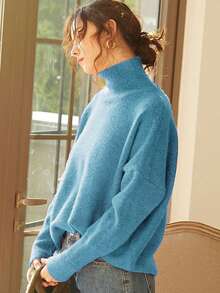 Knit Mix 优雅女士高领宽松针织毛衣，适合秋冬季节穿着，加厚长袖套头衫，复古风格，适合圣诞节、新年、感恩节、情人节、返校季、冬季、秋季等场合。 - 淺藍色 - 查看 6