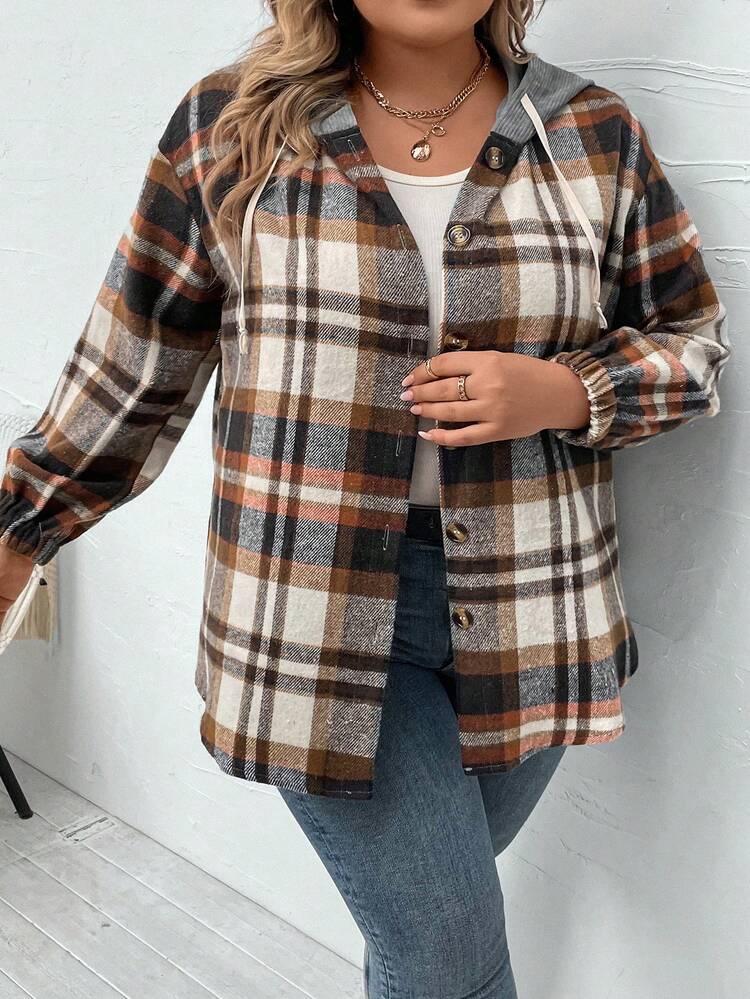Plus Plaid Print Drop Shoulder Drawstring Hooded Jacket Fall Winter Cloth For Women Autumn