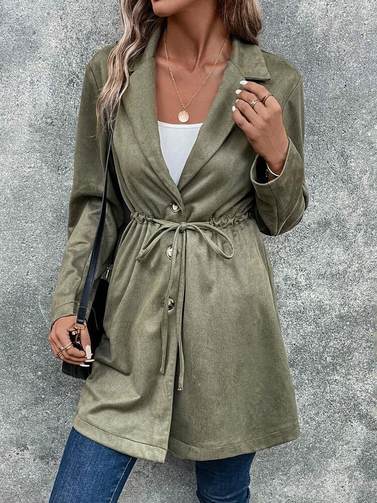 Lapel Neck Drawstring Waist Button Front Coat Fall Cloth For Women