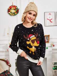 Nemons Jersey con patrón de Navidad de hombros caídos