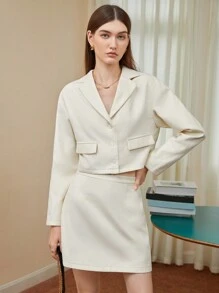 BizChic Lapel Neck Drop Shoulder Blazer & Skirt - Apricot - View 1