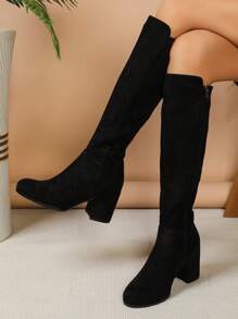 Comfortable Suede Over-The-Knee Boots, Classic All-Match Fashionable Perfect With Black Dress Ladies Round Toe Side Zipper Boots,Match Any Dress Black Chunky Heel Equestrian Knee-High Boots For Women