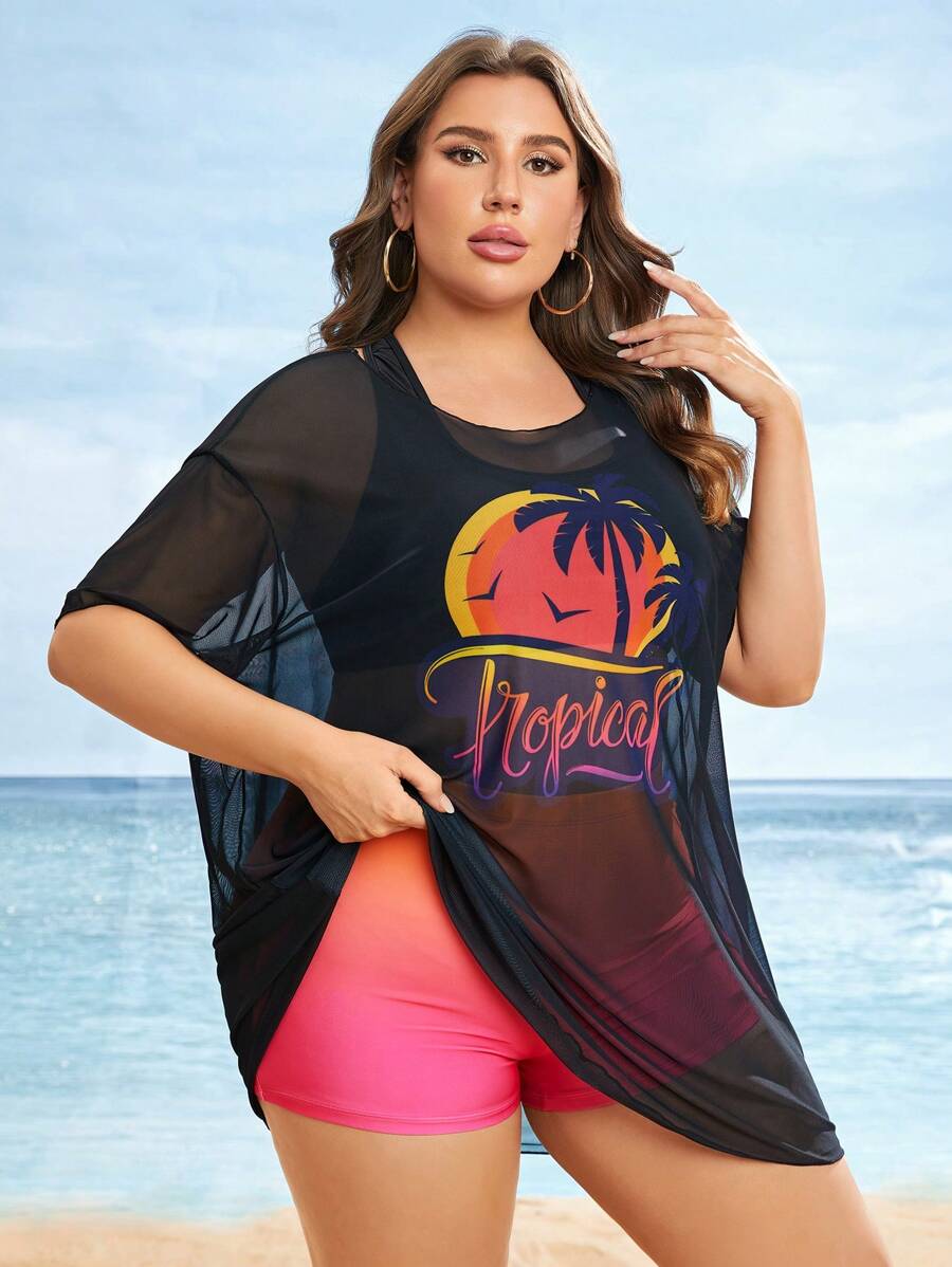 Swim Lushoire Summer Beach Plus Tree & Sun Print Bikini Set With Cover Up - Multicolor - View 1