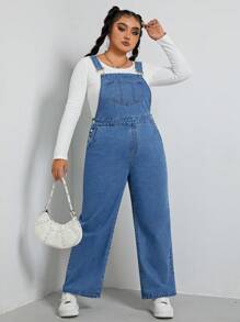 SHEIN EZwear 大碼斜袋牛仔背帶褲（無T恤） - 中等水洗藍 - 查看 3