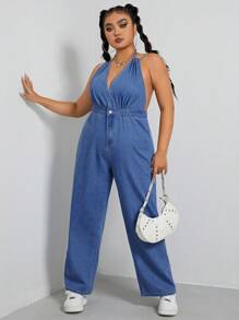 SHEIN EZwear 加繫帶露背掛脖牛仔連身褲 - 藍色 - 查看 5