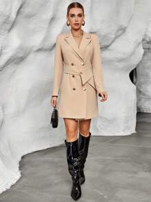 SHEIN Essnce Cổ áo Đôi ngực Chi tiết về Flap Váy blazer - Màu Khaki - Xem 5