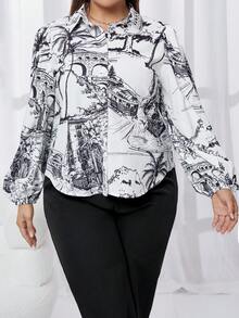 SHEIN Privé Plus Boat & Tree Print Lantern Sleeve Shirt - Multicolor - View 6