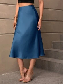 SHEIN LUNE High Waist Solid Satin Skirt - Navy Blue - View 3