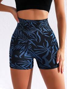 Tropical Print Wideband Waist Sports Shorts - Blue - View 3