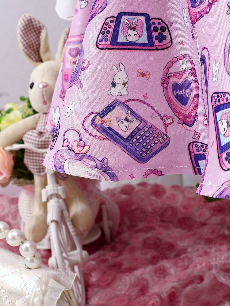 Baby Girl Letter Patched Shirt & Bunny Print Skirt