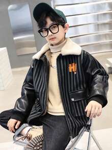 1件 Tween 男孩用厚毛領填充pu皮夾克,冬季必備 - 黑色 - 查看 7