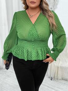 SHEIN CURVE+ Plus Surplice Neck Lantern Sleeve Peplum Blouse - Green - View 5