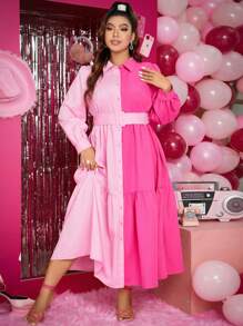 Calvaya Plus Two Tone Ruffle Hem Belted Shirt Dress - Hot Pink - View 7