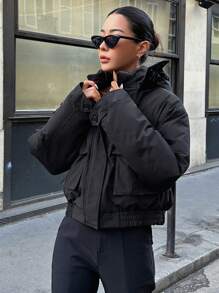 DAZY Abrigo con bolsillos con solapa y hombros caídos, abrigo de invierno para mujer - Negro - Ver 7