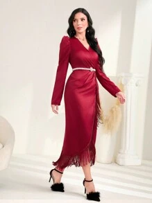 Modelyn Burgundy Red Fringe Trim Wrap Hem Satin Dress - Burgundy - View 5