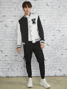 Manfinity VCAY Áo khoác Varsity kẻ sọc vá chữ rộng rãi cho nam màu sắc rực rỡ - Đen và trắng - Xem 3