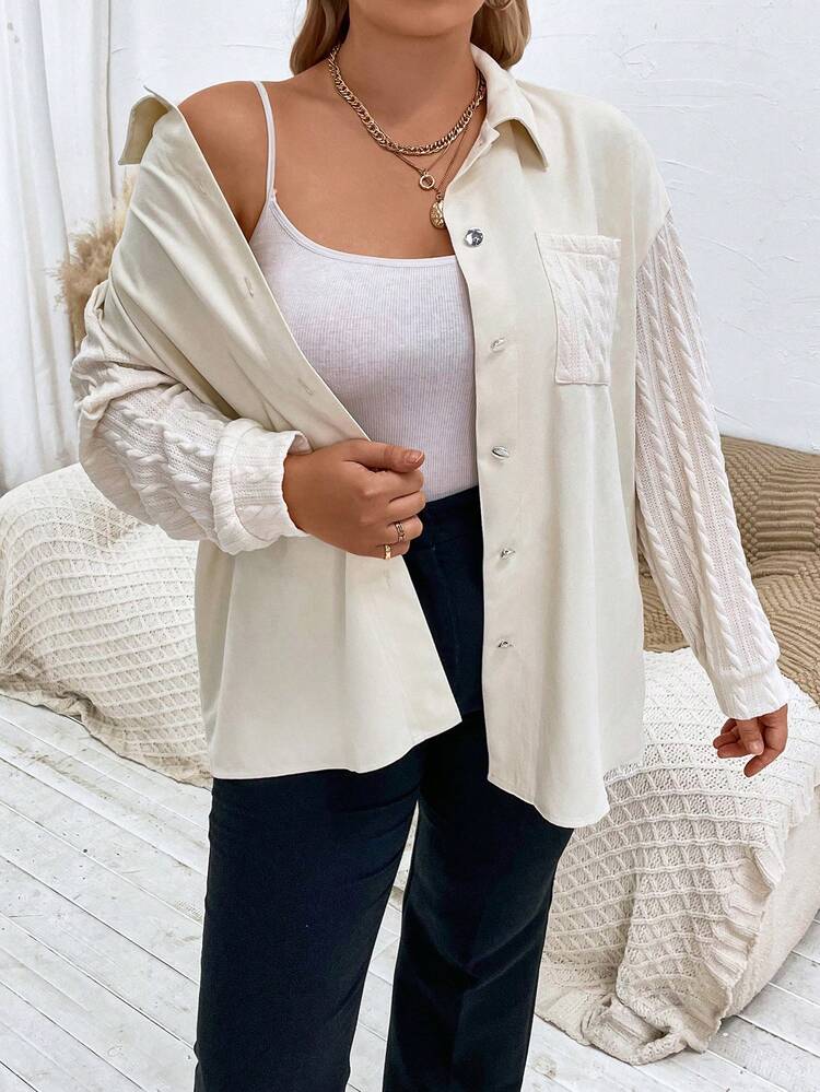 Plus Contrast Drop Shoulder Pocket Patched Button Front Coat