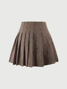 SHEIN MOD In Houndstooth Chi tiết nút buộc Chân Váy xếp ly - Cà phê nâu - Xem 2