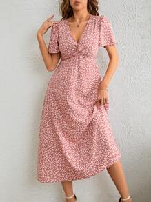 SHEIN Frenchy 碎花前扭結洋裝 - 藕粉色 - 查看 5