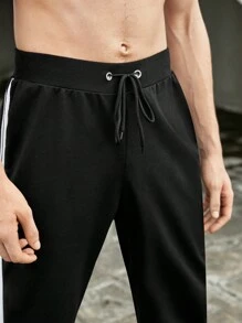 Hombres Pantalones deportivos con cinta de rayas lado de cintura con cordón - Negro - Ver 3