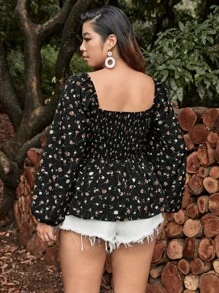SHEIN VCAY 大碼碎花燈籠袖荷葉邊下擺襯衫 - 彩色 - 查看 3