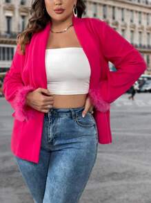 SHEIN Clasi Plus Fuzzy Cuff Shawl Collar Open Front Overcoat Fall Cloth For Women - Hot Pink - View 8