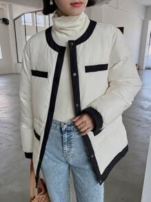 DAZY Contrast Trim Drop Shoulder Puffer Thick Pockets Coat Jacket Winter - White - View 8