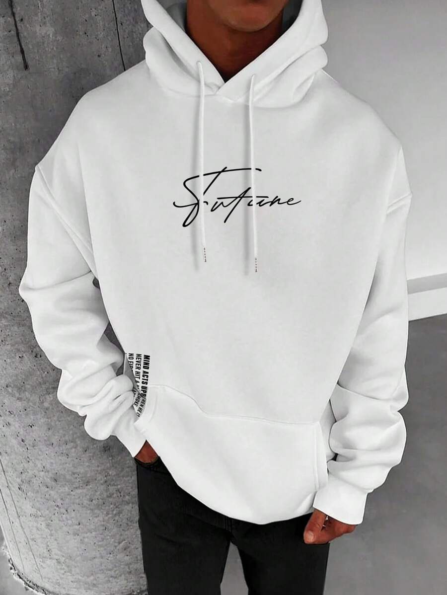 Manfinity Homme Nam Đồ họa Khẩu hiệu Túi kangaroo Dây rút Hoodie - trắng - Xem 1