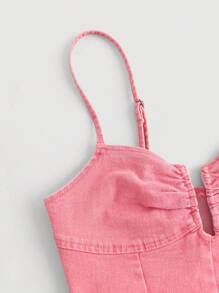 SHEIN MOD 缺口領手帕下擺吊帶牛仔上衣 - 淺粉色 - 查看 3