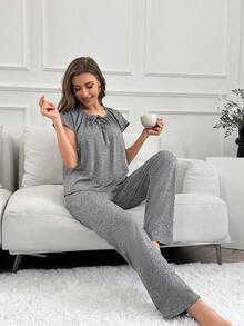 Set homewear de cuello con cordón de manga raglán - Gris - Ver 5