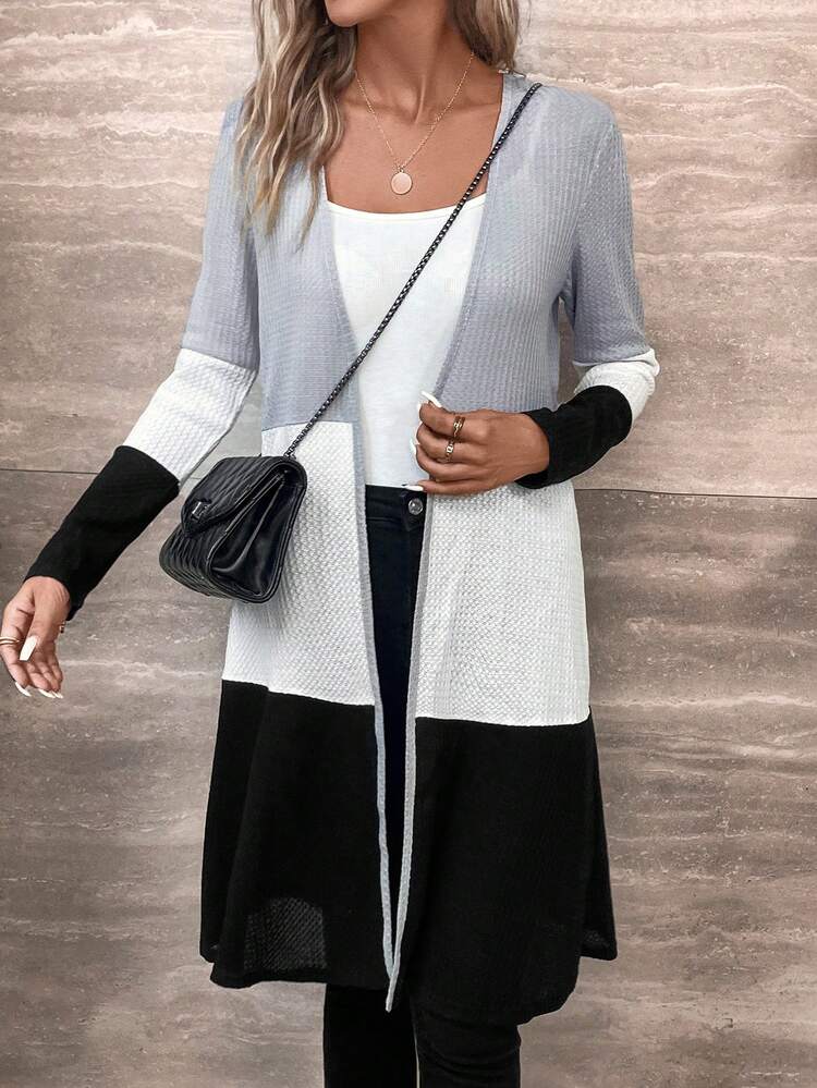 Color Block Open Front Waffle Knit Coat