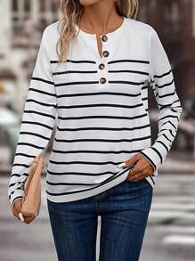 EMERY ROSE Striped Print Half Button Tee Graphic Tees Women Tops Fall Cloth For Women - Black and White - View 4