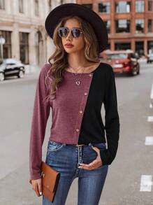 SHEIN Clasi Two Tone Button Detail Tee Asymmetrical Top - Burgundy - View 5