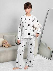Teen Girl Star Print Drop Shoulder PJ Set - White - View 3