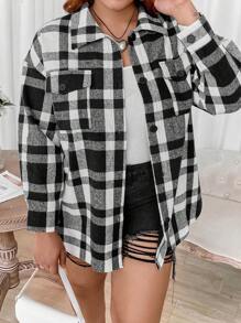 Flirla Plus Plaid Print Drop Shoulder Overcoat - Black and White - View 5