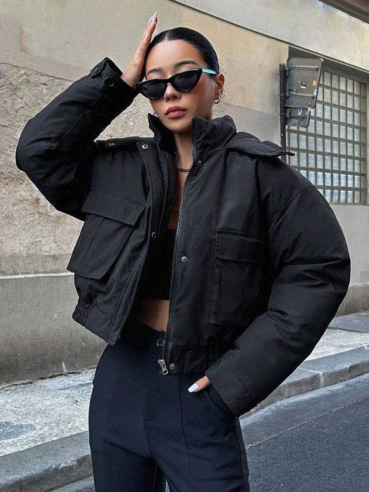 Flap Pocket Drop Shoulder Padded Pockets Coat, Women Winter Coat Jacket