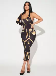 SHEIN SXY Vestido ajustado con estampado de cadena de cuello asimétrico - Multicolor - Ver 5