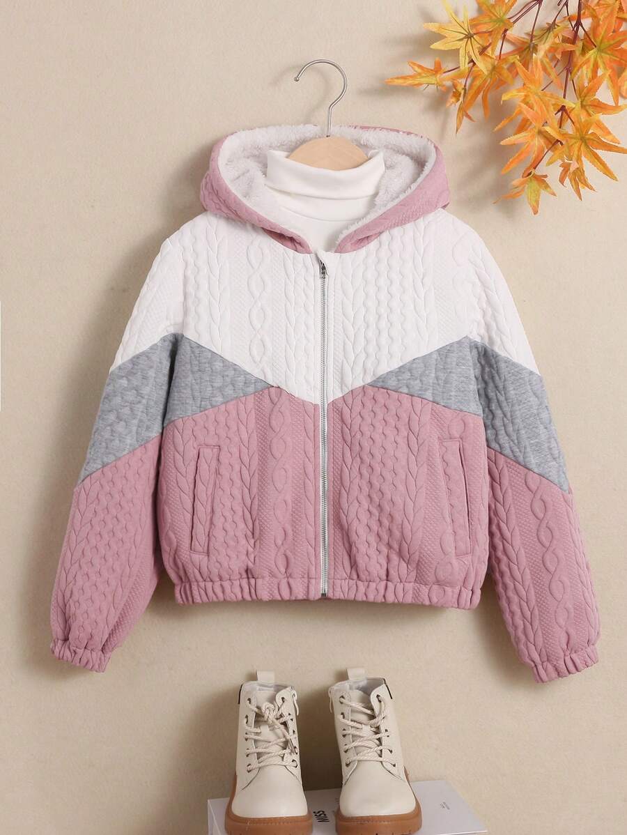 SHEIN 女大童撞色拉鏈開襟連帽夾克 - 粉色 - 查看 1
