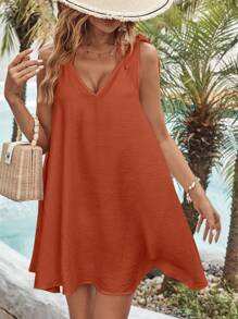 Soleia Solid Tie Shoulder Cover Up Dress, For Summer Beach Vacation - Rust Brown - View 2