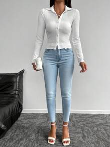 RueChic Solid Button Front Lettuce Trim Shirt - White - View 5