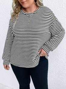 SHEIN LUNE Plus Striped Print Drop Shoulder Tee - Black and White - View 6