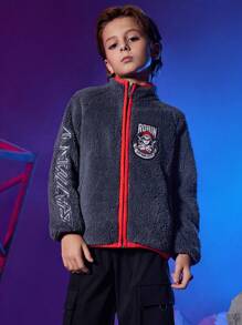 BATMAN X SHEIN Tween Boy Letter Embroidery Contrast Binding Fluffy Coat - Dark Grey - View 2
