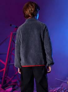 BATMAN X SHEIN Tween Boy Letter Embroidery Contrast Binding Fluffy Coat - Dark Grey - View 3