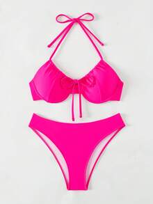 Tie Front Underwire Bikini Set - Hot Pink - View 3