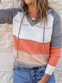 Color Block Raglan Sleeve Drawstring Hooded Pointelle Knit Sweater - Grey - View 6