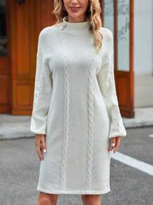 EMERY ROSE 小高領落肩袖麻花編織毛衣洋裝 - 白色 - 查看 1