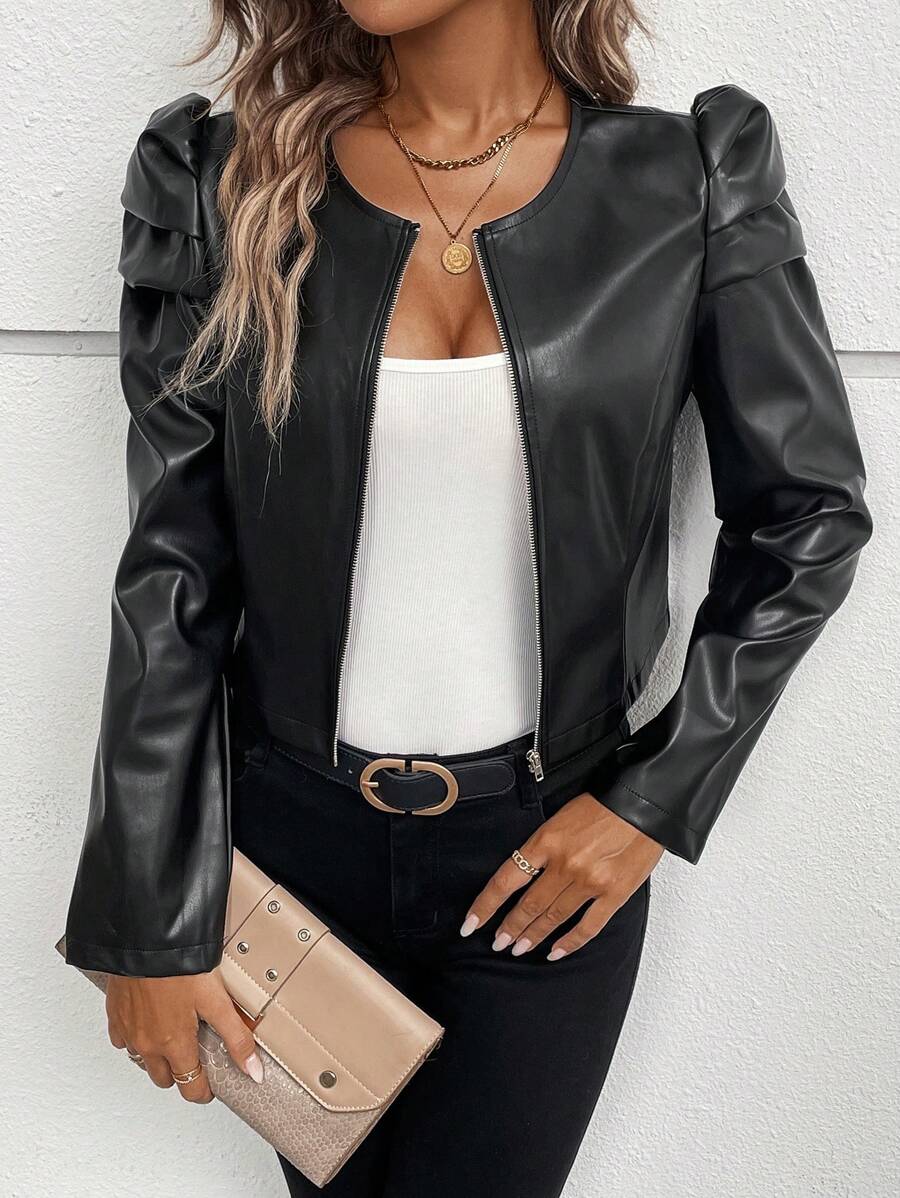 SHEIN Clasi 泡泡袖開門襟亮面夾克 - 黑色 - 查看 1