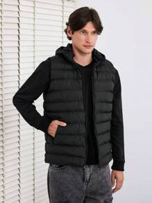 RueChic Men Zip Up Hooded Puffer Vest Coat - Black - View 4