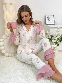CottageSlumber CottageSlumber Floral Print Flounce Sleeve PJ Set / Pajama Set Holiday Season