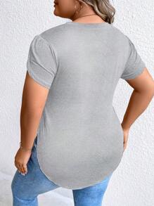 Calvaya Hơn Tay áo cánh hoa Curved Hem Áo thun - Màu Xám nhạt - Xem 2